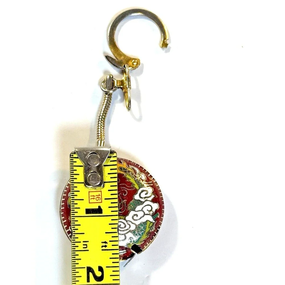 Vintage Chinese Cloisonné Retractable Tape Measure Enamel Dragon Keychain